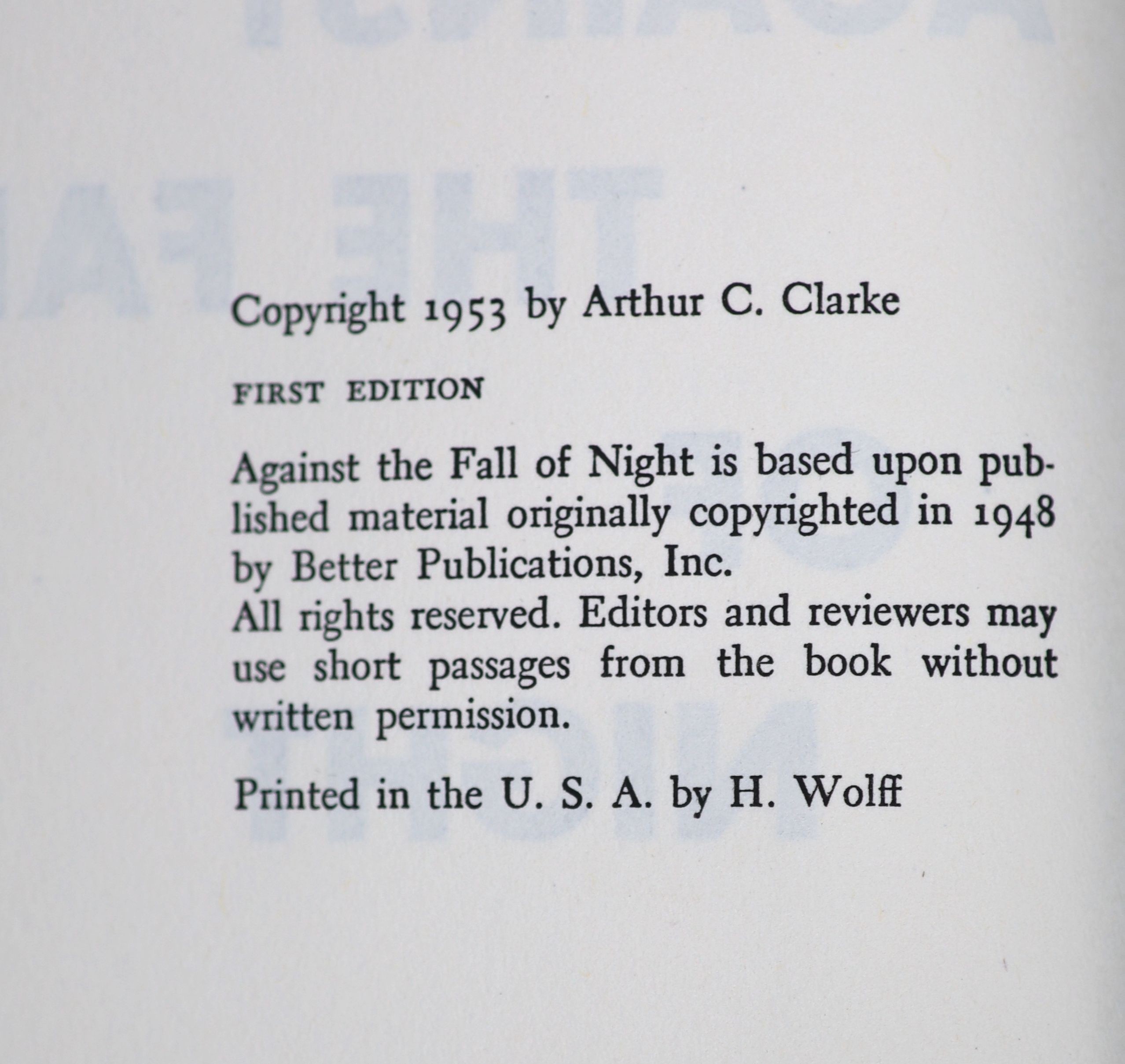 Clarke, Arthur C - Against the Fall of Night, 1st edition, blue cloth, with unclipped d/j, with nicks to spine head and foot, Gnome Press, New York, 1953